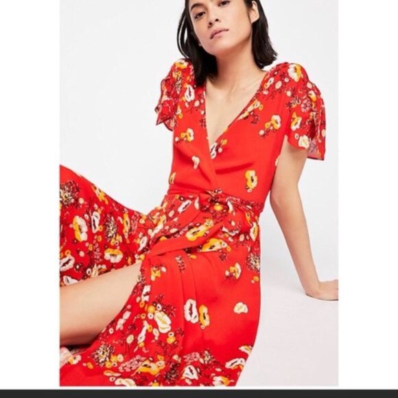 Free People Jess Red Floral Wrap Maxi Dress | Size‎ Small - Picture 2 of 8